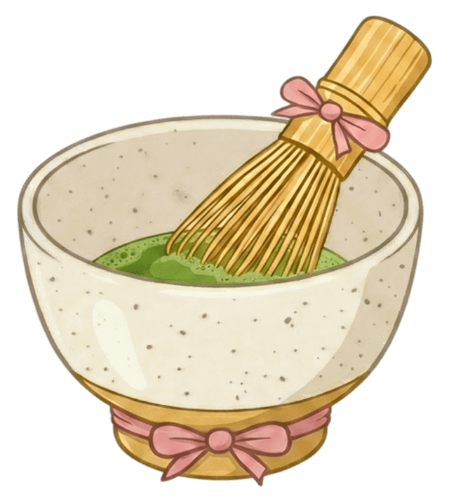 A hand-drawn matcha bowl being whisked